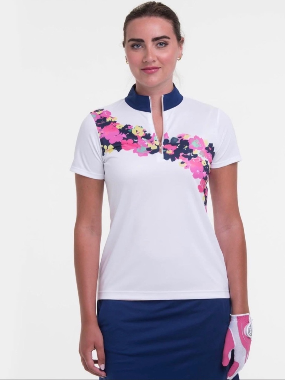 NWT EP NY Short Sleeve Mock Polo Golf Floral ZIp Up Women's Size S C